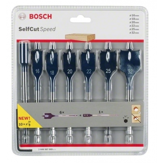Bosch博世7件式木工扁平鑽頭Self Cut Speed,附1/4’’六角柄,總長152 mm, 附延伸工具